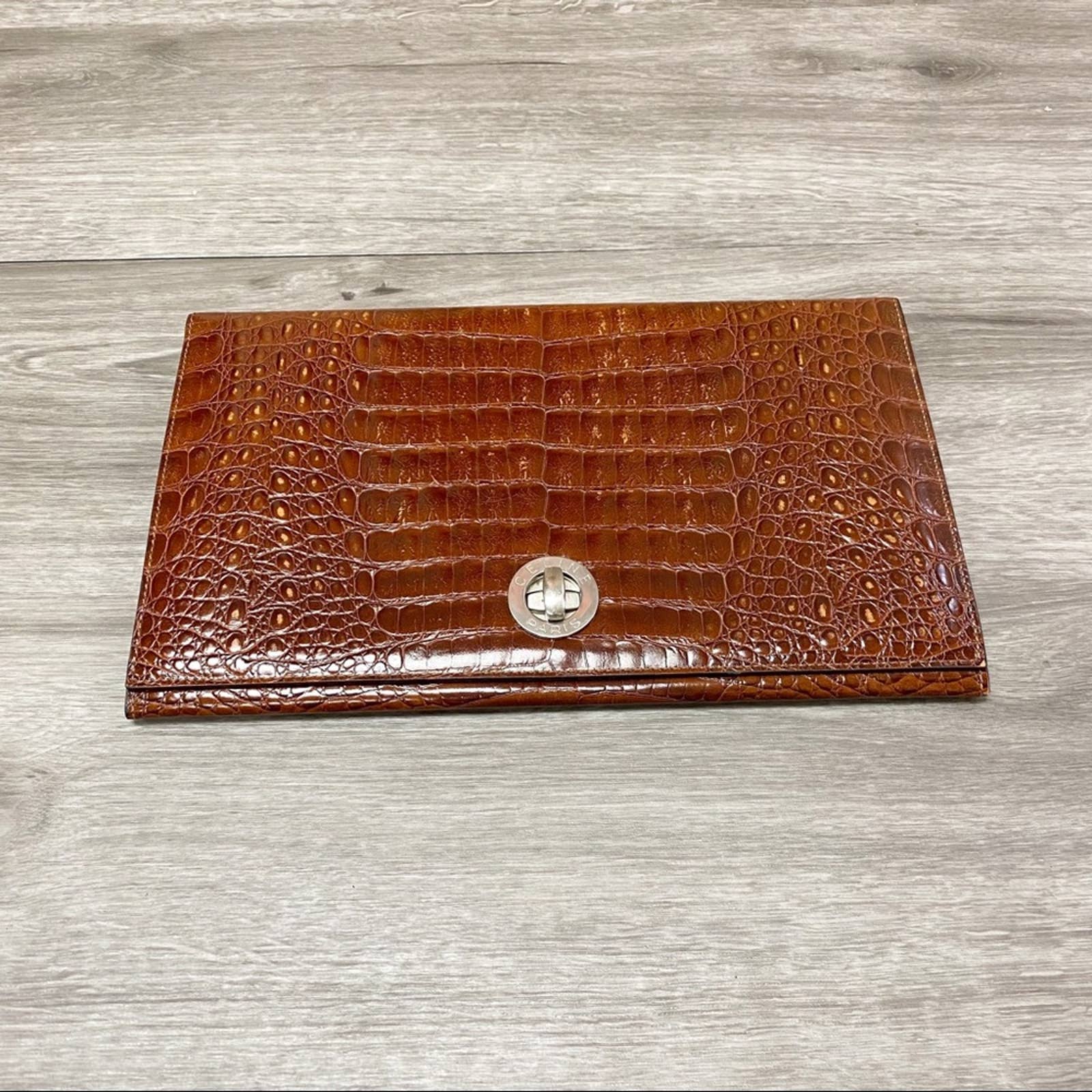 Celine Embossed Alligator Leather Clutch Carmel